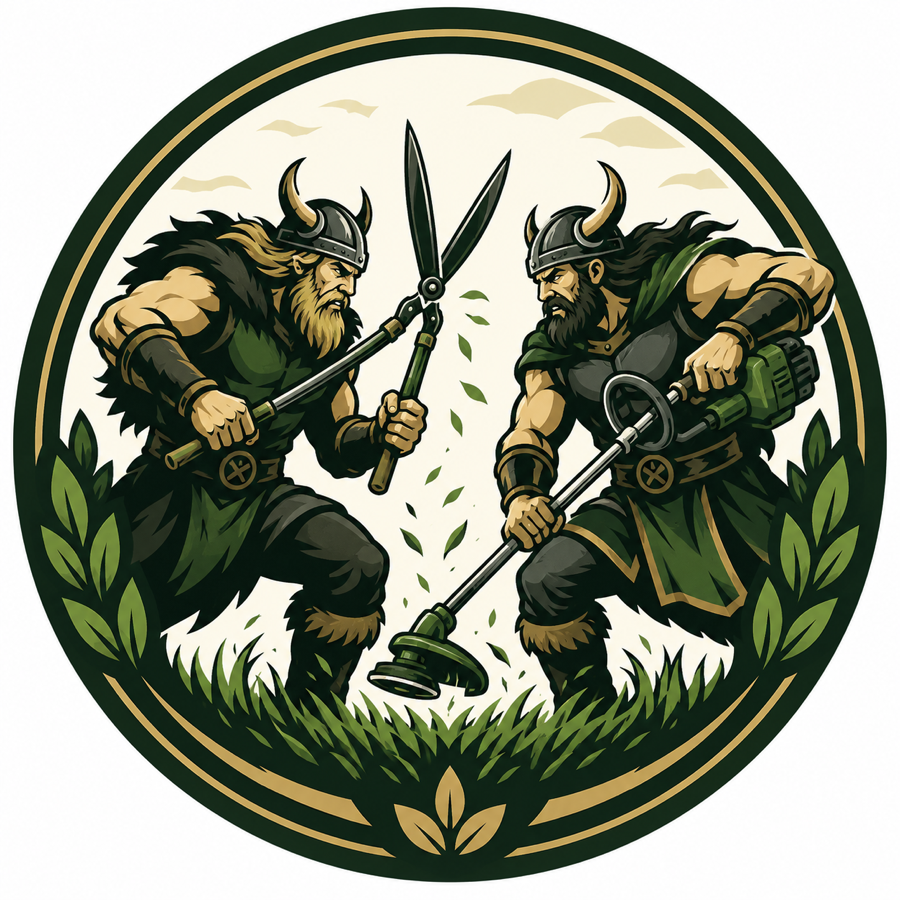 Viking Property Care emblem — two vikings crossing hedge shears and a trimmer over cut grass