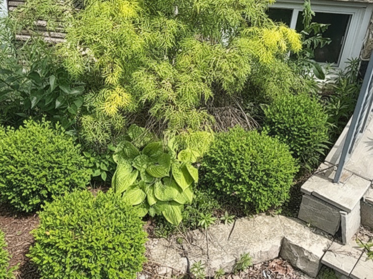 Neatly trimmed shrubs and shaped greenery from one of our jobs